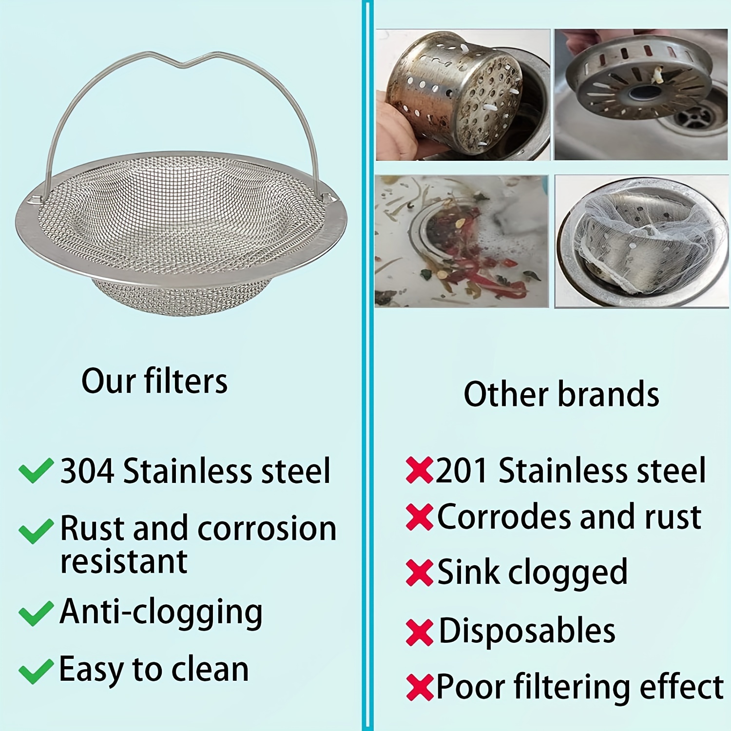 2PK Kitchen Sink Strainer: Stainless Steel| Anti-Clogging Mesh Drain Screen