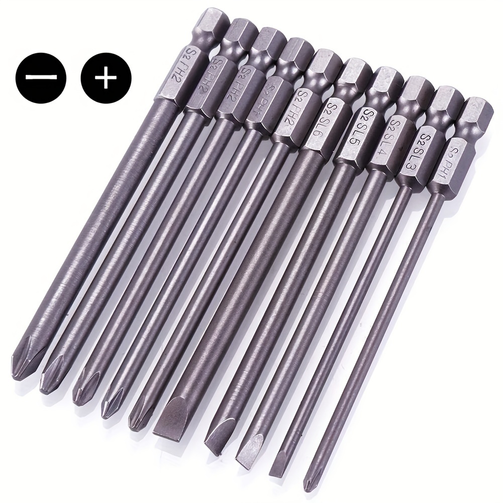 

10pcs (slotted+philips Head) 1/4 Inch Hex Shank Long Magnetic Screwdriver Bits Set 4 Inch Power Tools