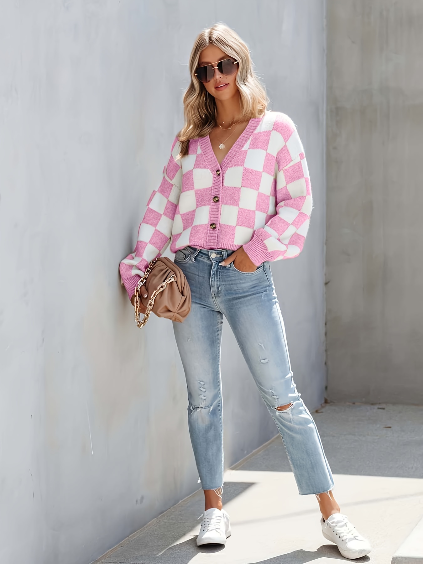 Casual Buttons Weave V Neck Outerwear