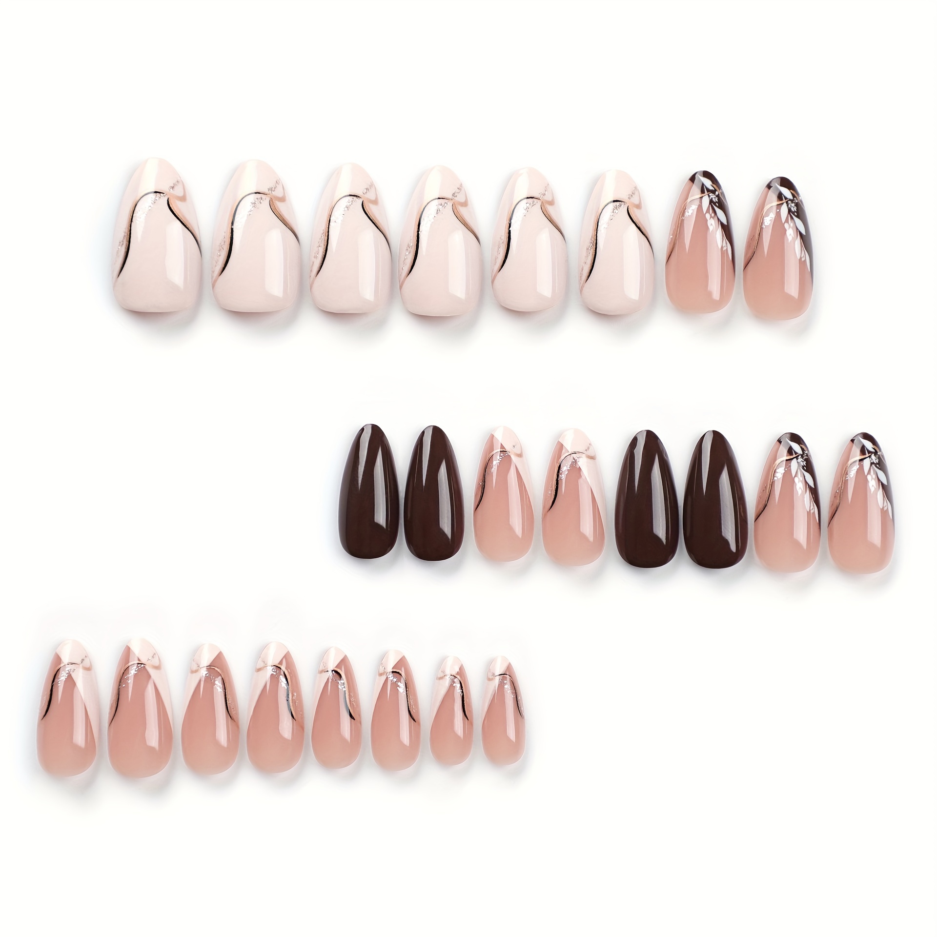 24pcs short almond shape press on nails fake nail with glitter powder decor leaf pattern glitter full cover nails for women 1pc nail file and 1sheet jelly tabs details 0