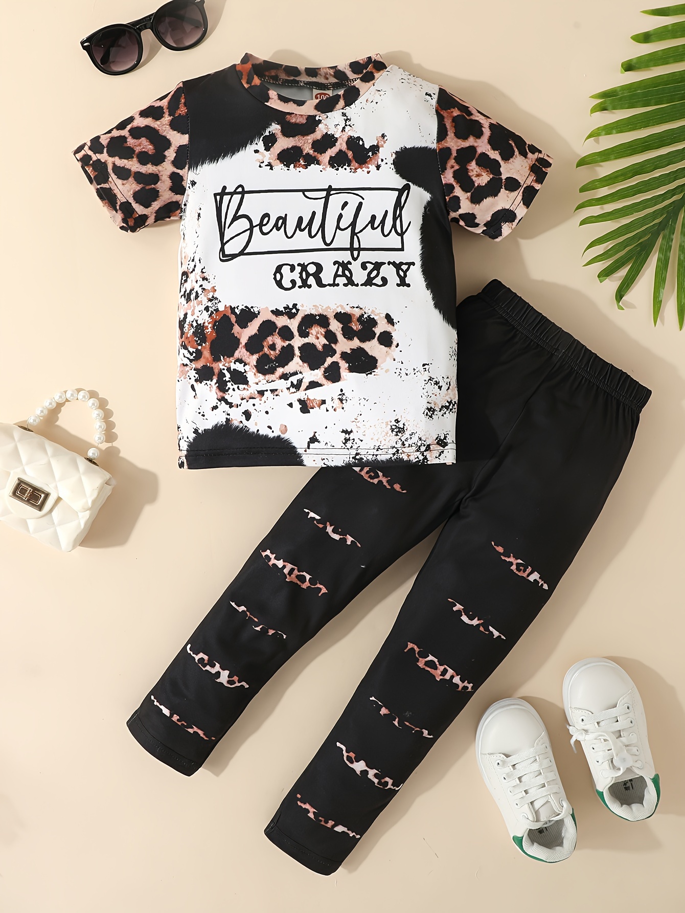 Personalised Kids T-shirt and Leggings Set. Girls Summer Outfit. Pink.  Blue. Tan
