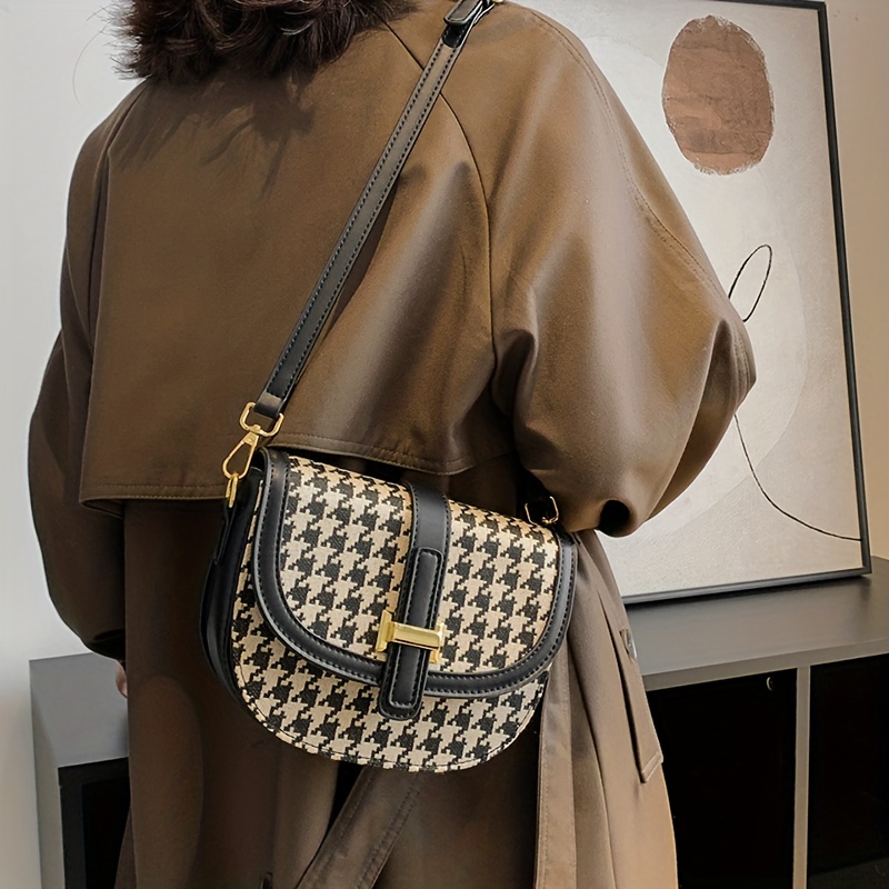 Houndstooth Messenger Bag with Rope Handle PU Ladies Handbags