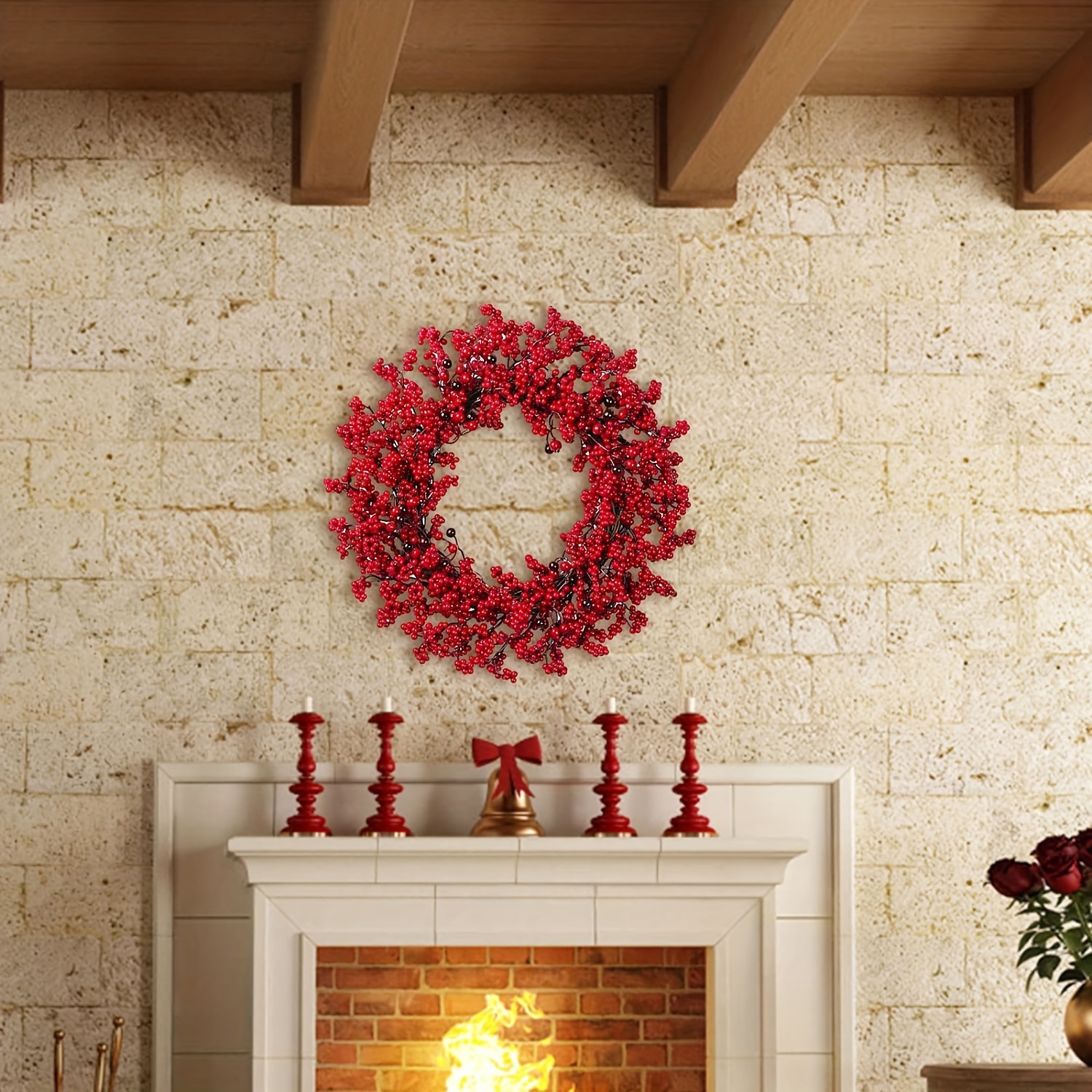 1pc, Christmas Wreath, Small Faux Red Berries Wreath For Front Door Window  Fireplace Mantel Xmas Winter Holiday Decoration Decor