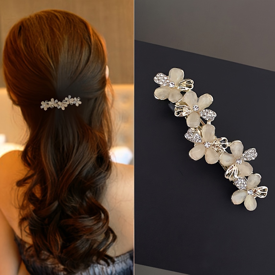 

1pc Elegant Flower Decor Spring Clip Barrette Rhinestone Decor French Style Hair Clip