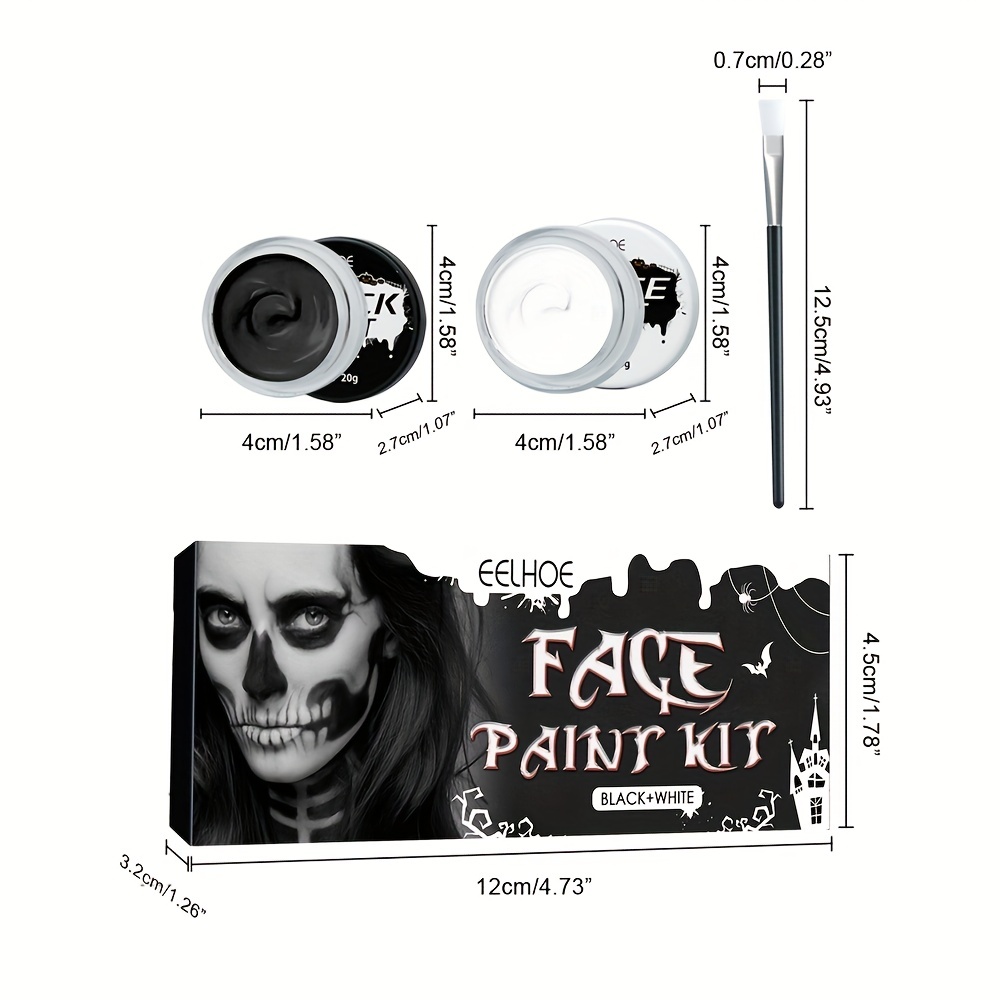 IWTBNOA Peinture de Visage pour Halloween, Noir Blanc Visage Peinture  Corps, Peinture Visage Corporelle Noir et Blanc, Maquillage Carnaval avec 2