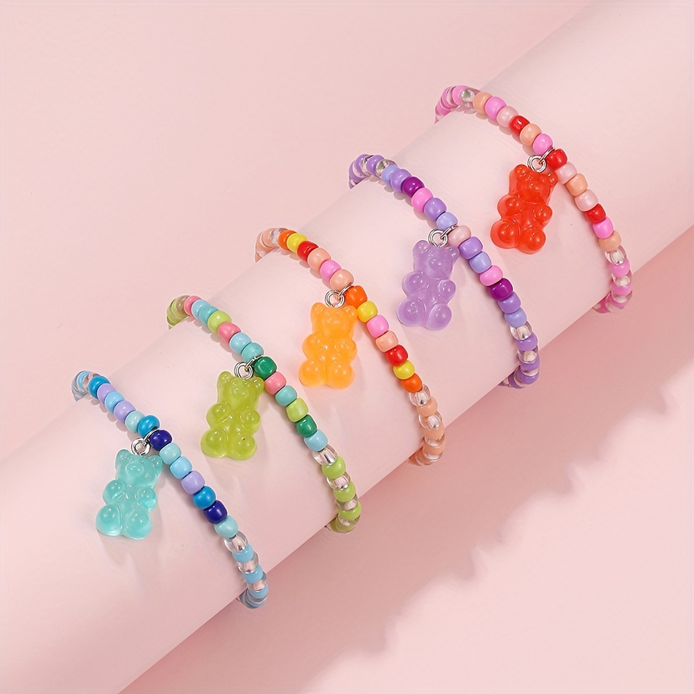 

5pcs Cute Luminous Resin Bear Pendant Neckalce, Bracelet, Mixed Color Beads Beaded Stretchable Bracelets, Gift For Besties