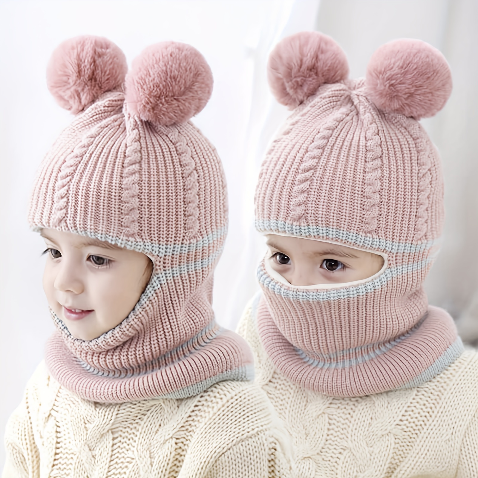 

1pc Children's Pink Pom Pom Full Face Beanie Hat For Fall/winter, Kids Winter Accessories