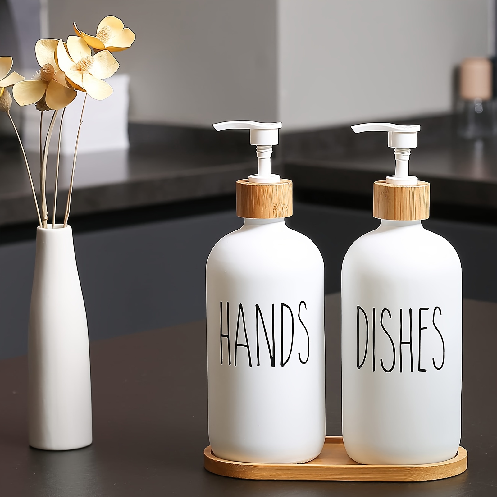 2Pcs 500ml Soap Dispenser Bottles with Bamboo Pump and Tray for Kitchen  Bathroom, White 