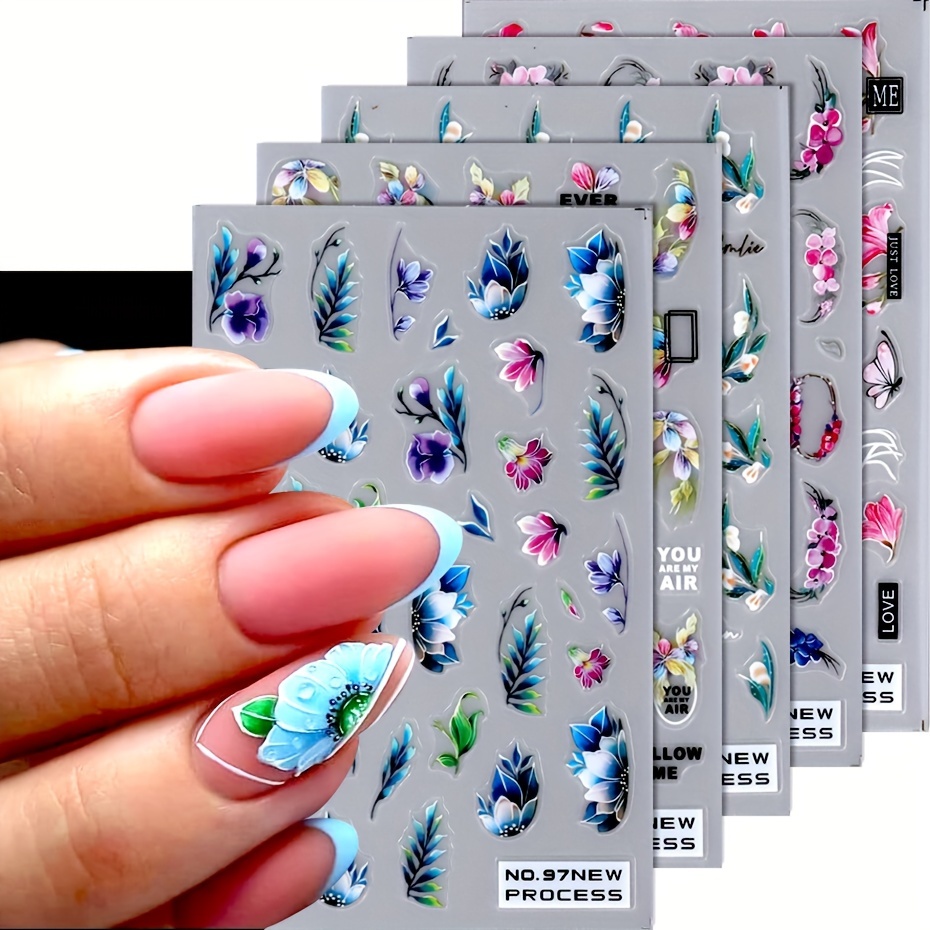 

5-piece Floral Nail Art Stickers - Self-adhesive, Sparkle Finish, Disposable Decals For Diy Manicure & Salon Use