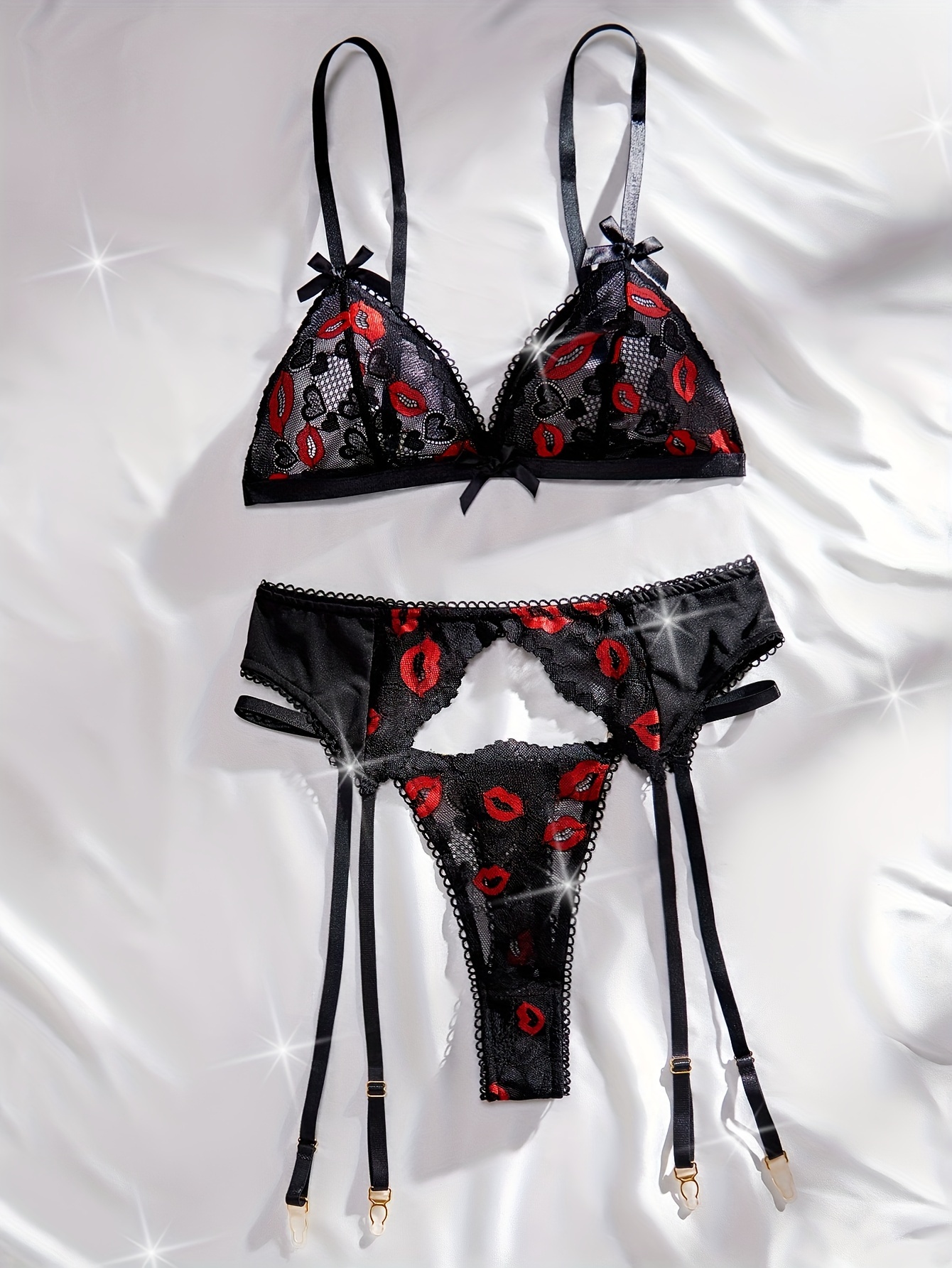 Erotic Red Lips Kiss Embroidery Lingerie Set, Bow Strappy Intimates Bra &  Thong & Garter Belt, Women's Sexy Lingerie & Underwear, Shop The Latest  Trends