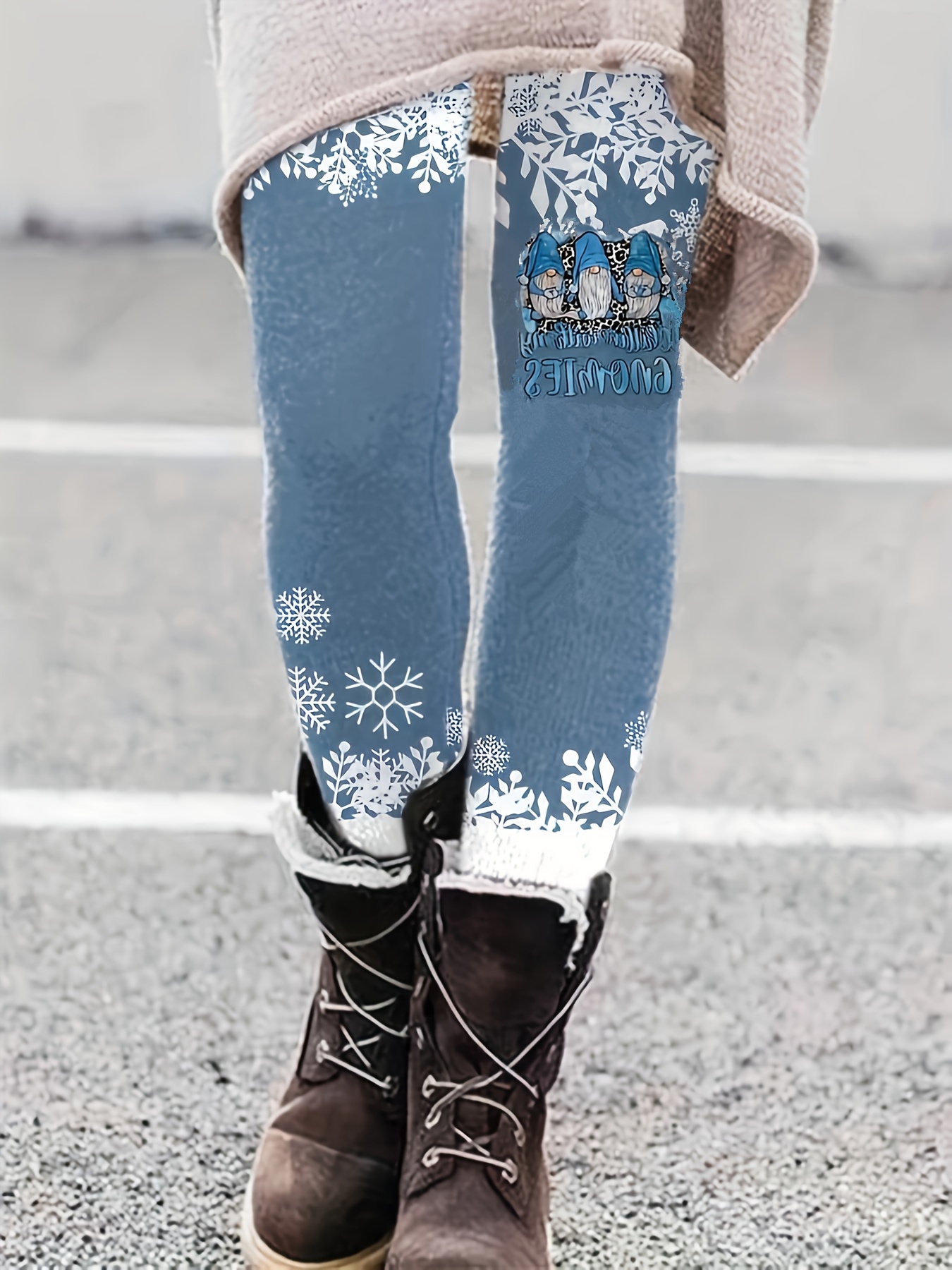 Christmas Gnome Print Skinny Leggings, Casual High Waist Thermal Leggings  For Fall & Winter, Women's Clothing