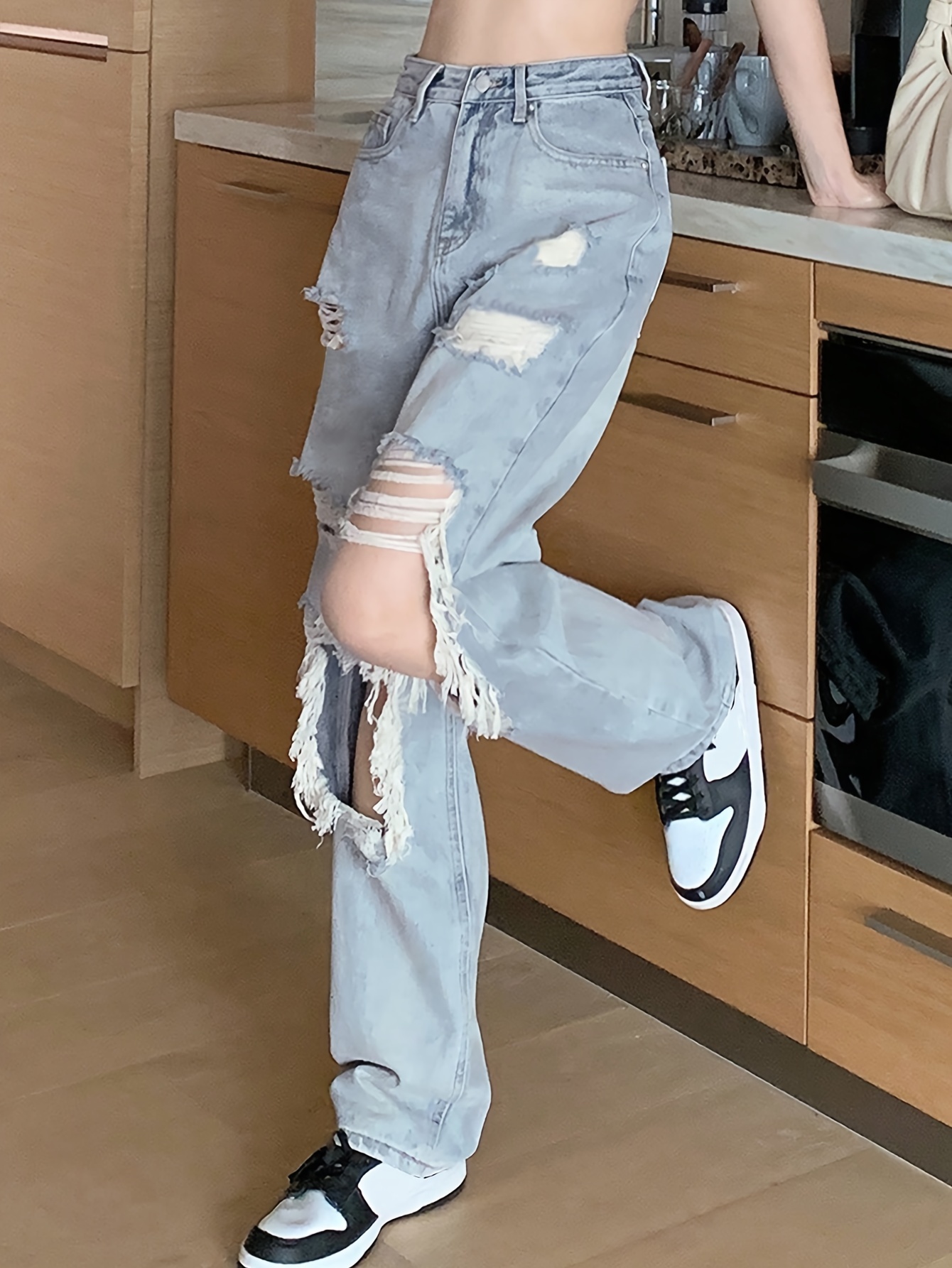 Light Blue Ripped Holes Wide Leg Jeans, High Waist Washed Streetwear  Fashion Straight Jeans, Women's Denim Jeans & Clothing