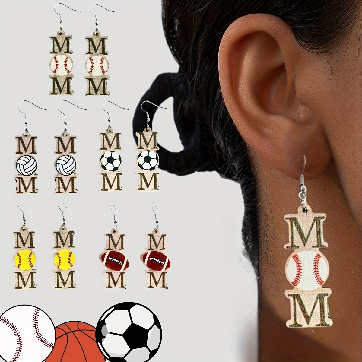 

1pair Sports Style Fashion Wooden Baseball Football Softball Pendant Personalized Earrings Mother's Day Mom Gift Earrings