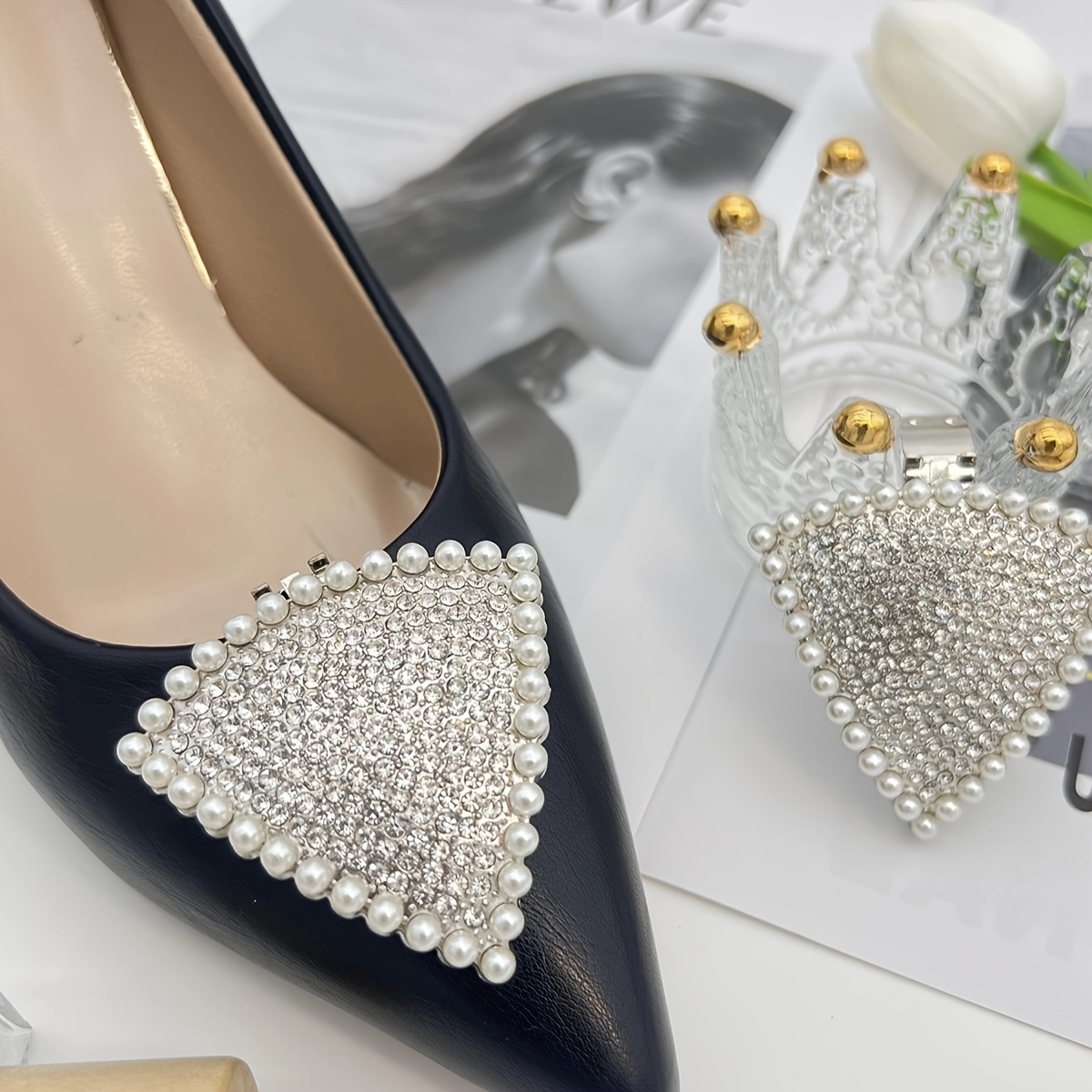 2 Pcs Pearl Rhinestone Shoe Clips Triangle Shape Detachable Shoe