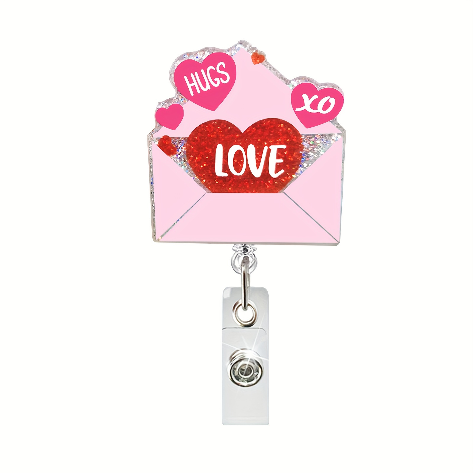 1pc Valentine's Day Acrylic Glitter Retractable Badge Reel ID Name Badge Holder Archer Bee English Old Man Envelope Badge Reels With Alligator Clip