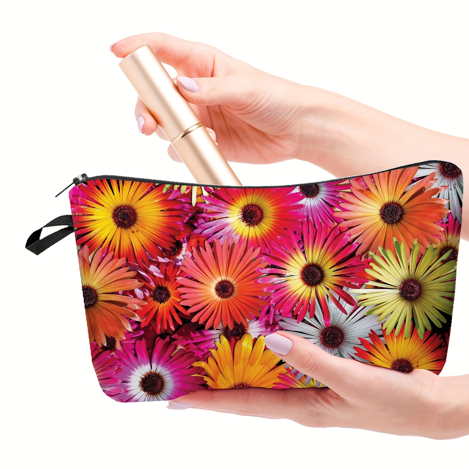 Flower Embroidered Makeup Bag Portable Zipper Toiletry Wash - Temu