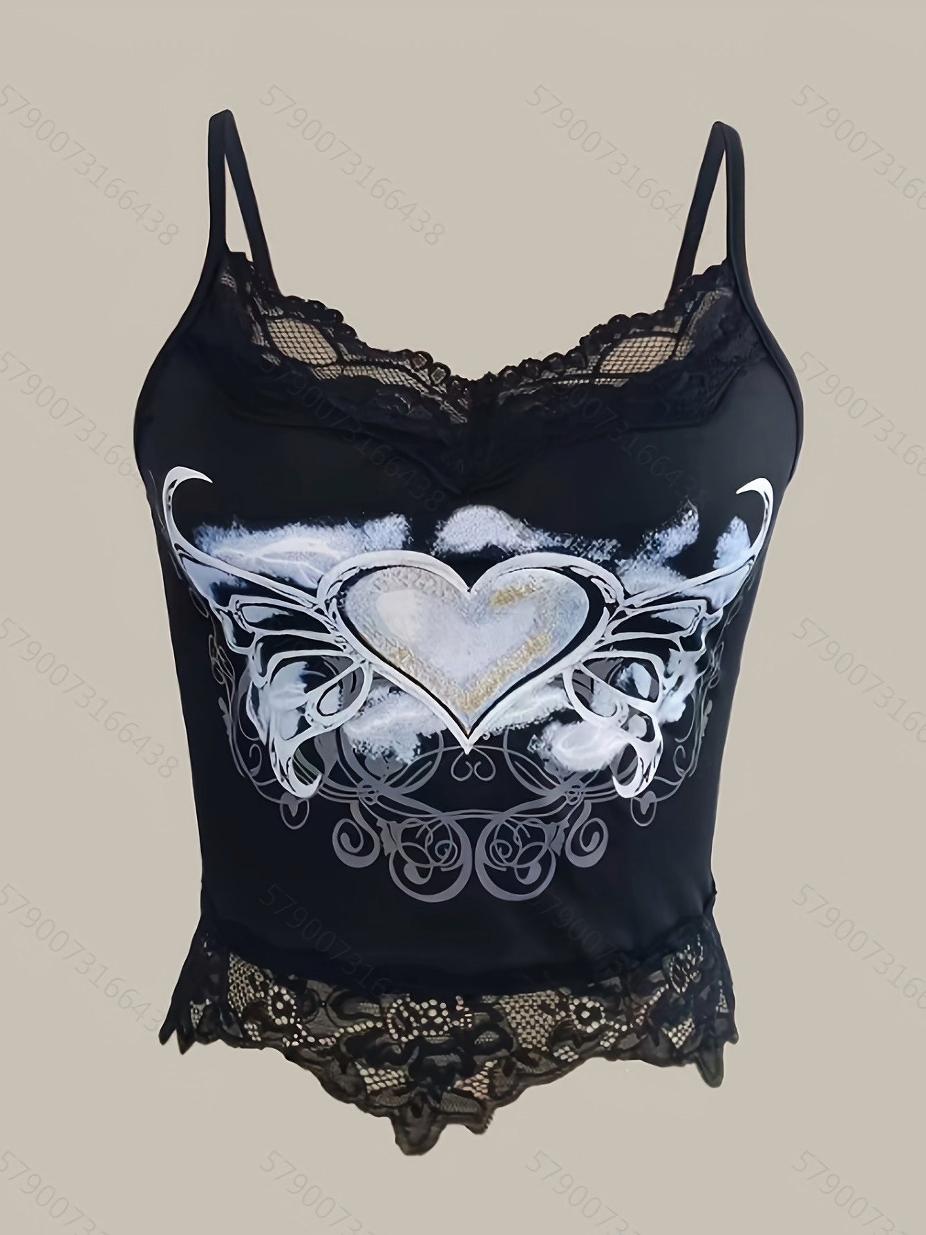 Contrast Lace Heart Print Cami Top Y2k Backless Spaghetti - Temu