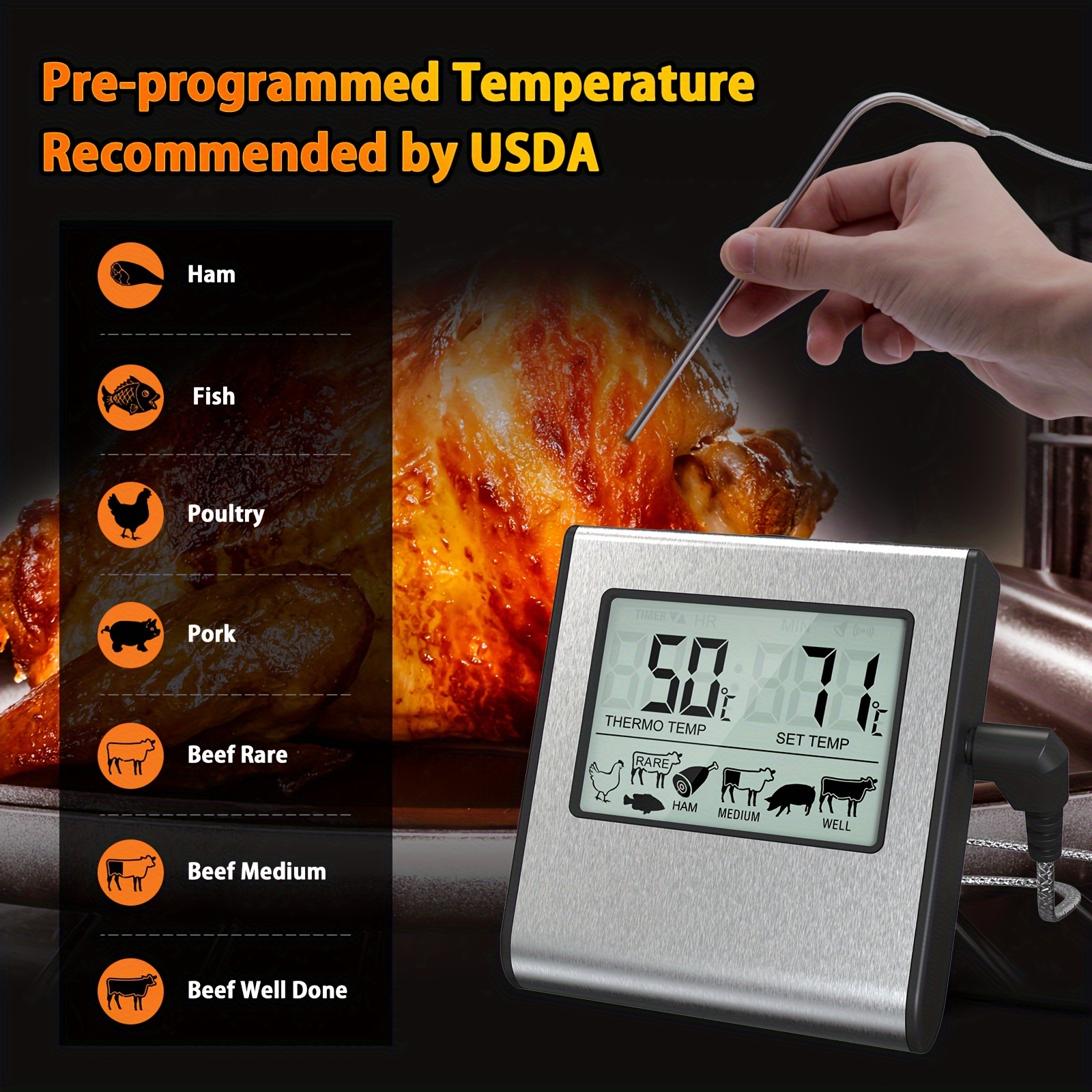 1pc Digital Food Thermometer for Accurate Meat and BBQ Cooking - TP300  Kitchen Thermometer with Probe for Oven and Kitchen Tools