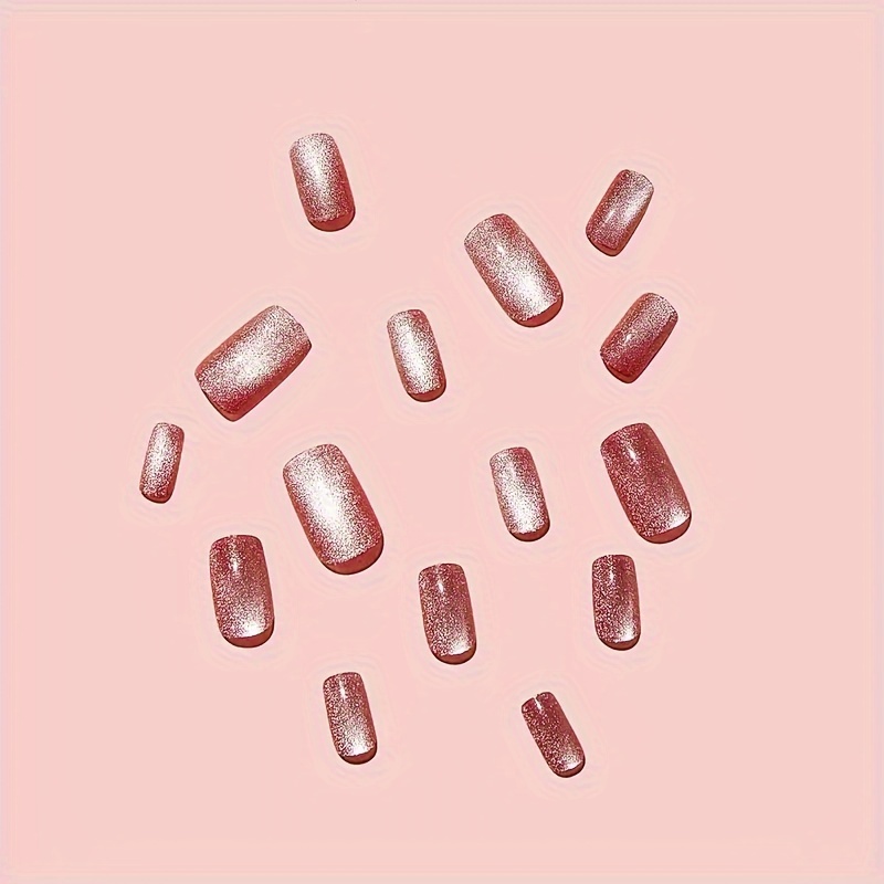 24pcs glitter press on nails medium square glitter   nails   cat eye with design glossy full cover false acrylic   stick on nails for women 2