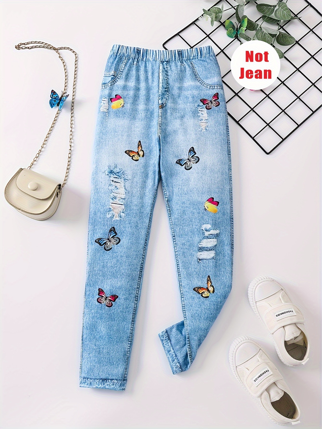 Imitation Denim Butterfly Print Leggings Casual Skinny - Temu