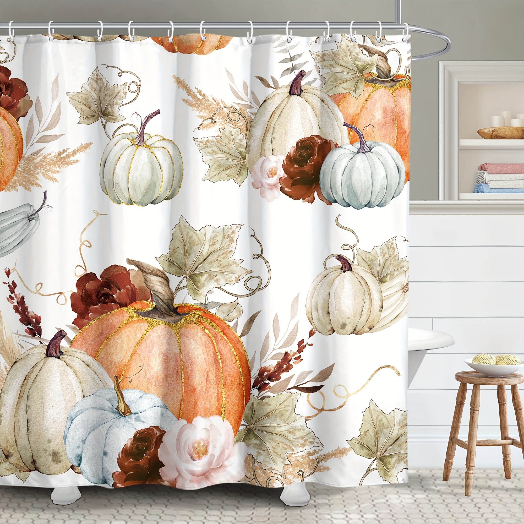 1pc Waterproof Pumpkin Shower Curtain with 12 Hooks - Autumn Fall Bathroom  Decor, Machine Washable, 71x71 Inches fall decor