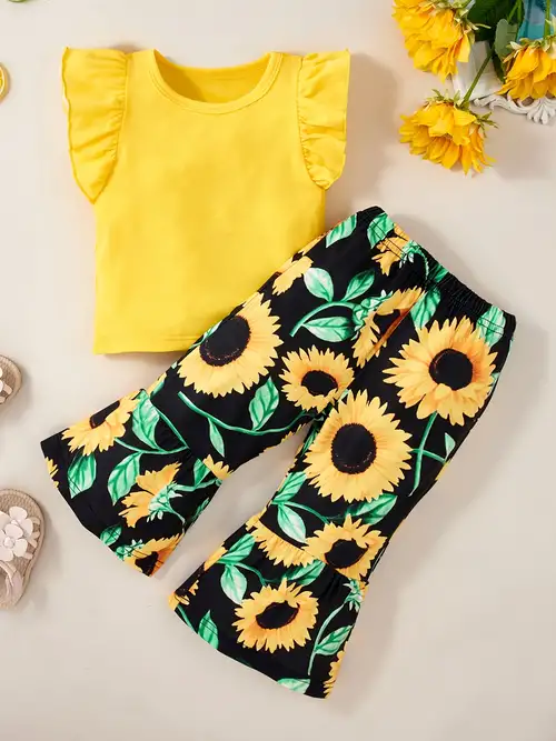 Baby Girls Sleeveless Tank Top & Ruffles Sunflower Print Skirts With Belt  Set Toddler Summer Clothes