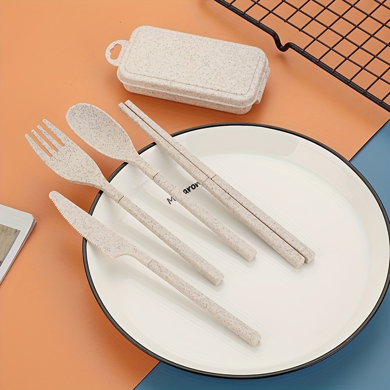 4 Sets Travel Utensils with Case - Cute Rabbit Pattern, Wheat Straw  Reusable Utensils Set with Case Portable Utensils Set with Case for Travel  Picnic