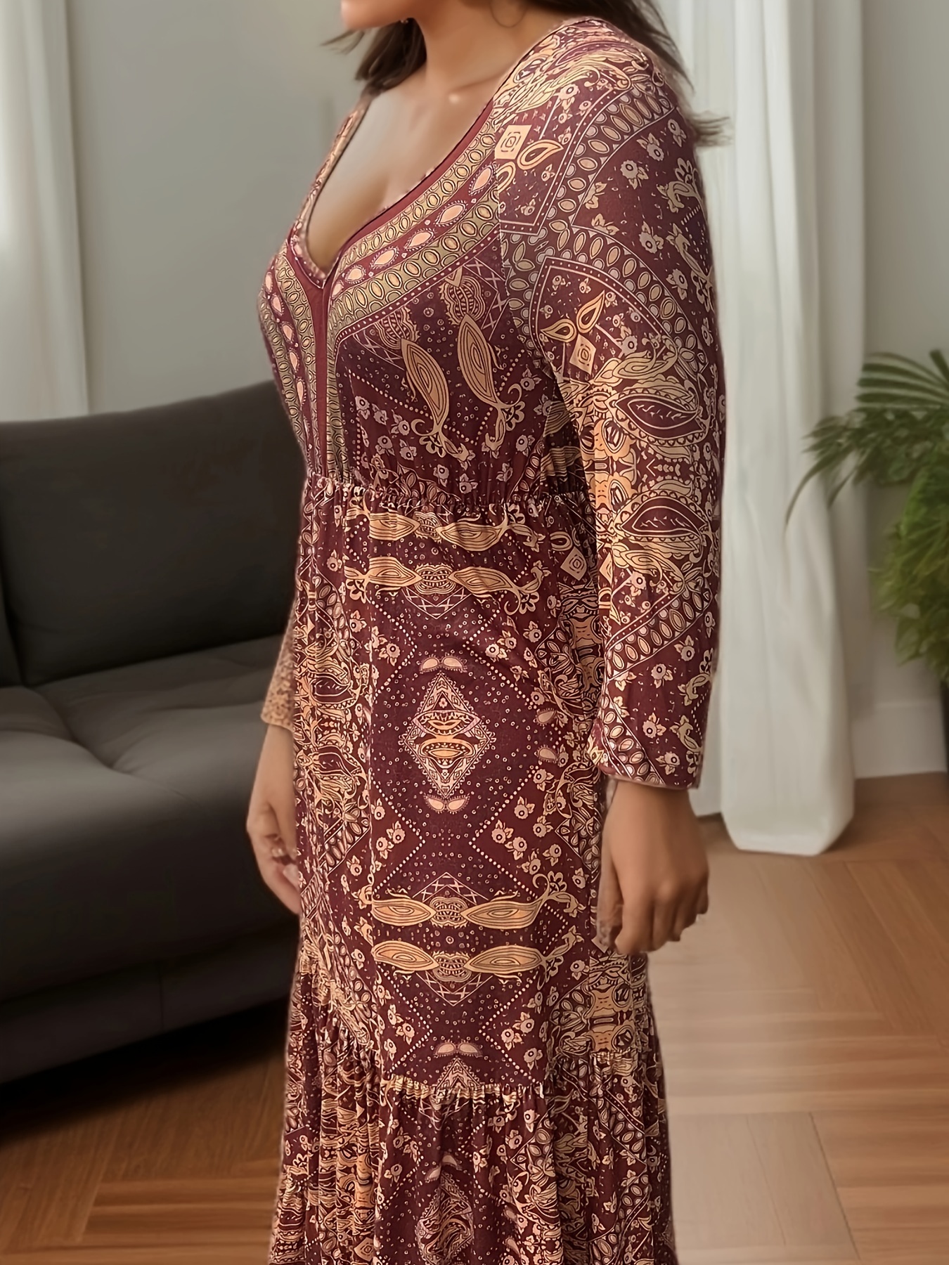  Women's V Neck 3/4 Length Sleeve Boho Long Dress