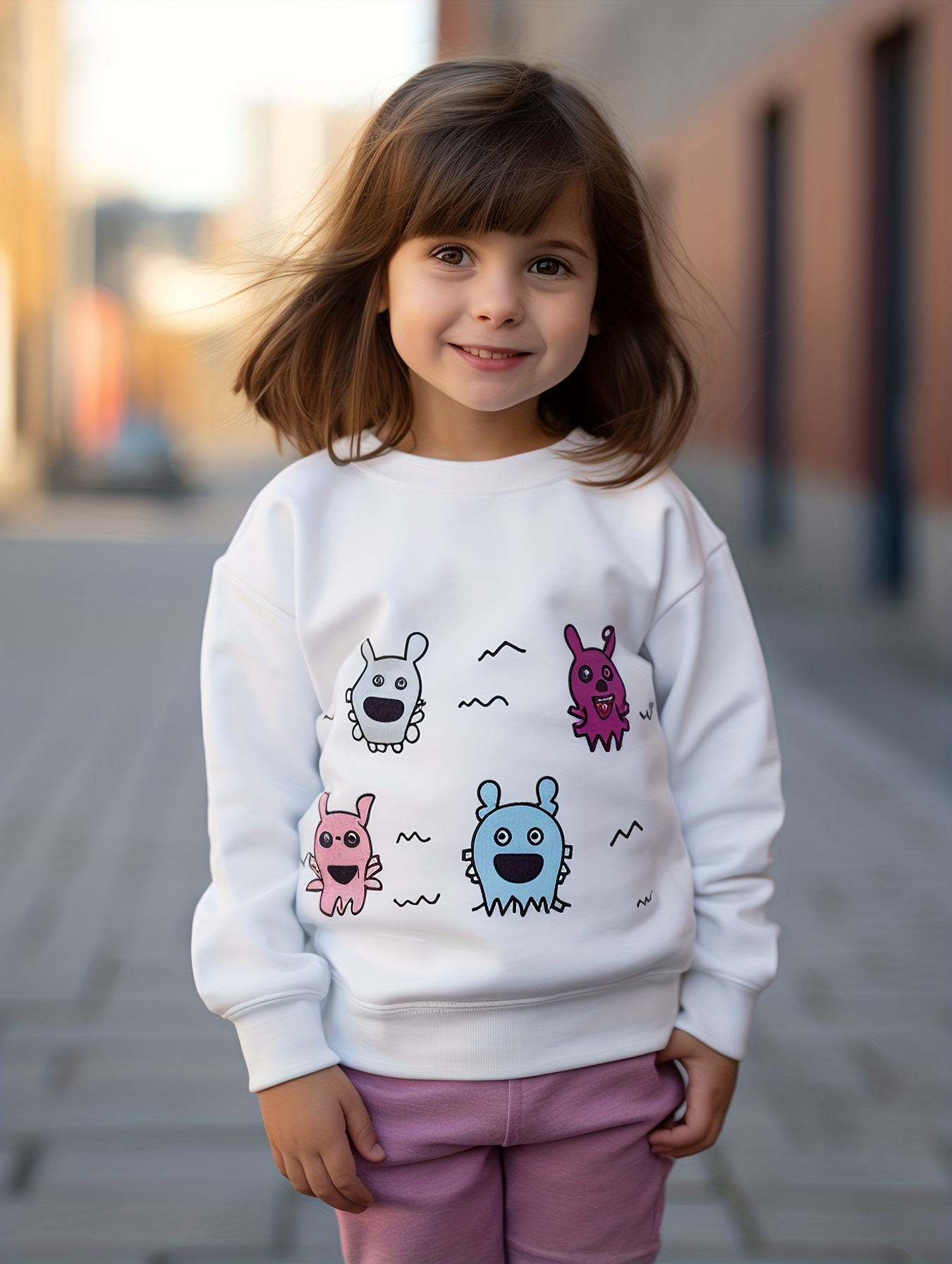 Girls Pullover Cheerful Monsters Squad Pattern Crewneck Drop