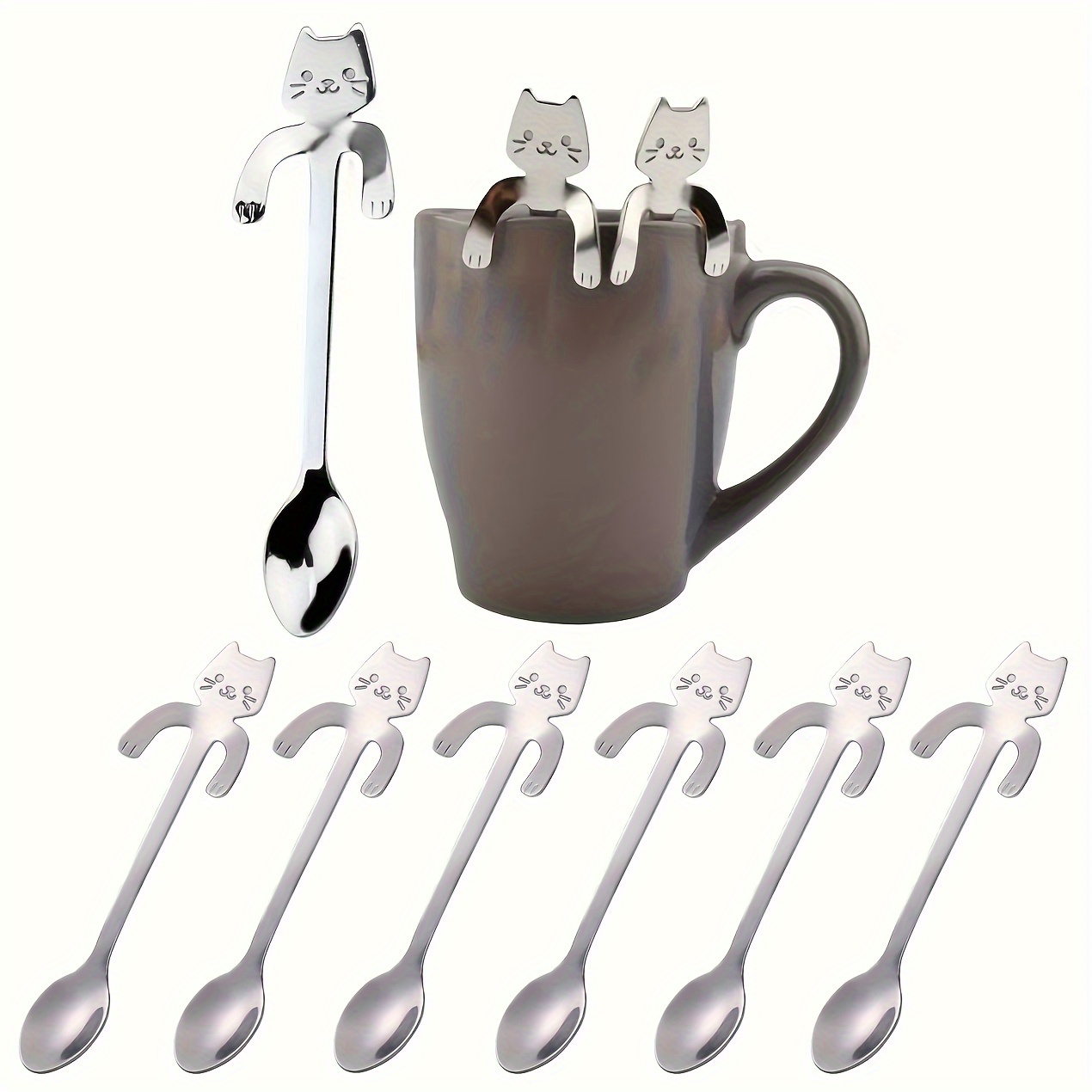 

6pcs Coffee Spoon, Cute Kawaii Cat Spoon, Sus304 Stainless Steel Spoon, Cute Spoon, Ice Cream Dessert Spoon, For Stirring Tea Coffee Sugar Dessert, Kitchen Supplies (silver)