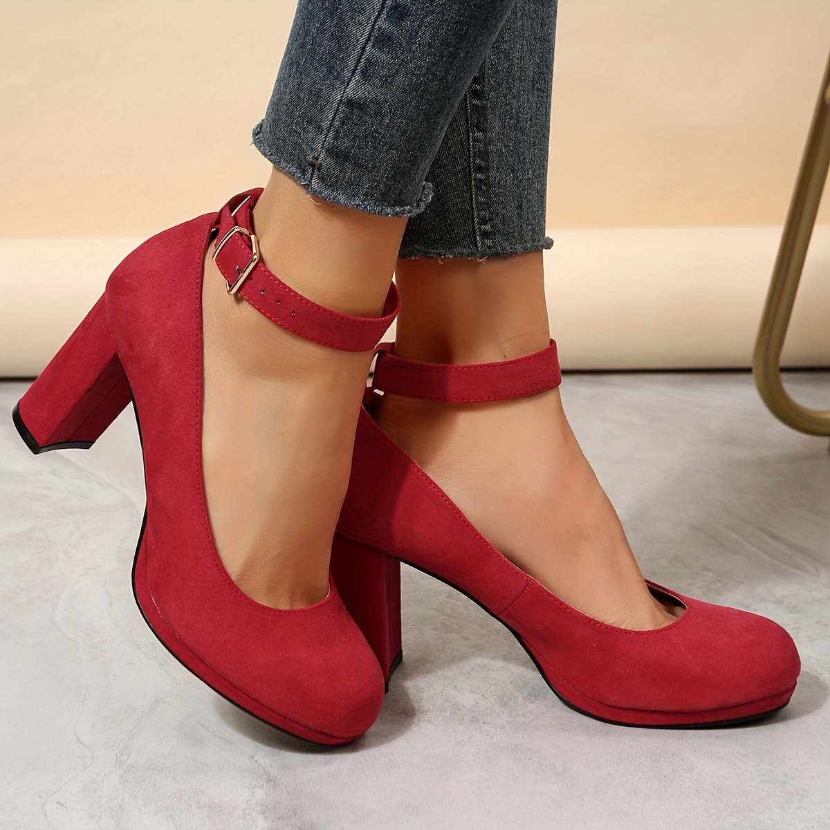 Women s Red Block Heels Elegant Solid Color Buckle Strap Temu