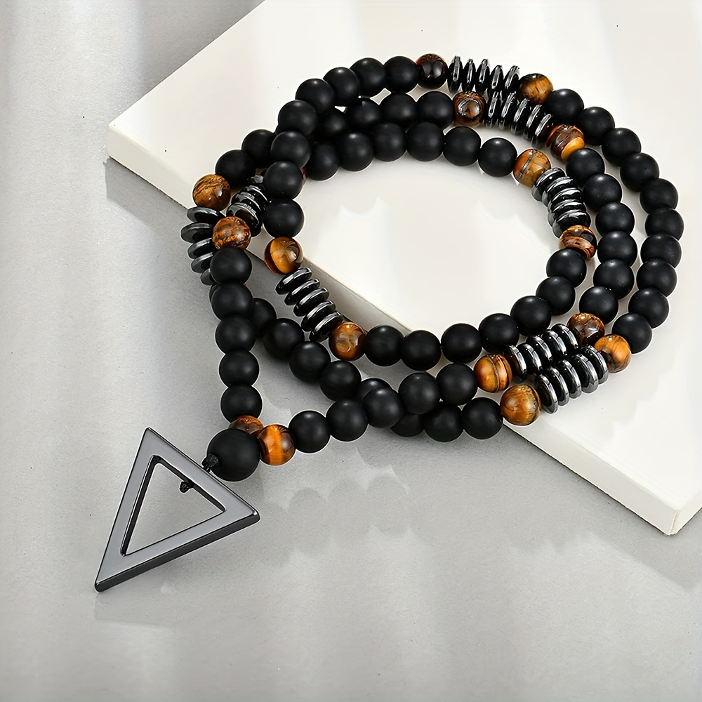 

1pc Fashionable Retro Jewelry Yellow Tiger Eye Black Agate With Hematite Stone Triangle Pendant For Men And Women, Original Stone Necklace For Daily Wear