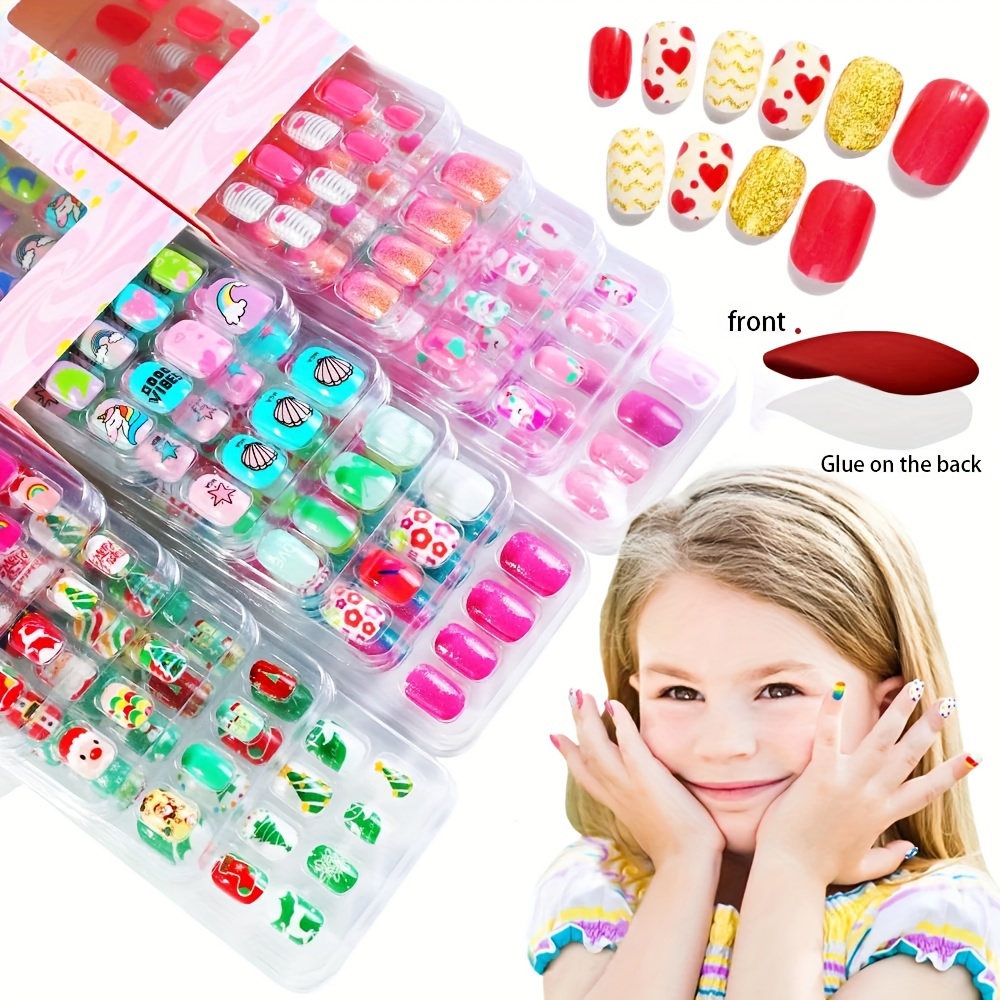 112 Pcs Fake Nails for Kids Stick on Nails for Little Girls Toddler Children  Pre-glue Press on Nails Kit for Girls Ages 7-12 Glue on Nails for Child  Holiday Party Gift B.Rainbow
