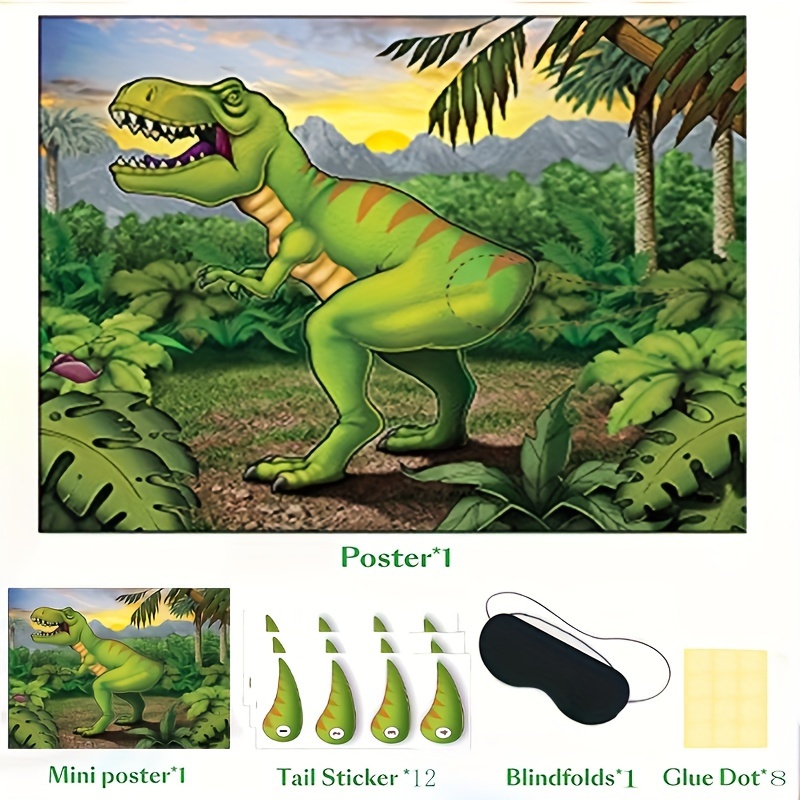 set of 3 dinosaur party games includes: pin the tail on the