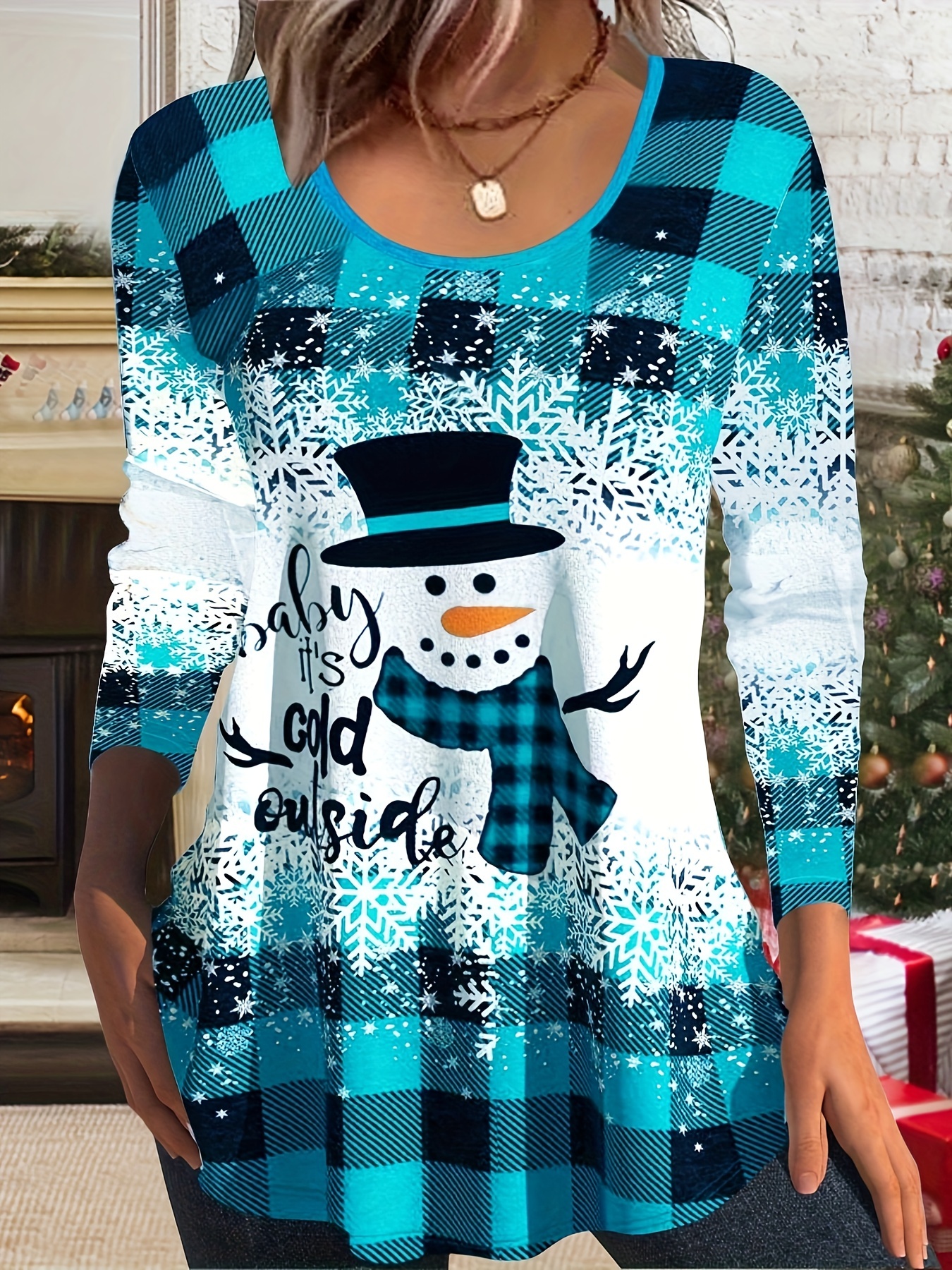 Plus Size Christmas Top Women's Plus Snowman Snowflake Print - Temu  Philippines