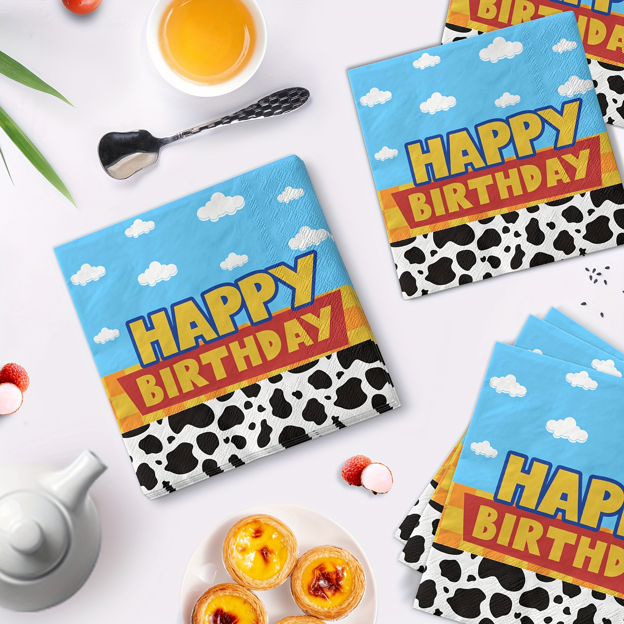 Inspired Story Birthday Party Supplies Cartoon Story Birthday Party Decorations Cartoon Story Plates and Napkins Tableware Set Blue Cloud Cow Print