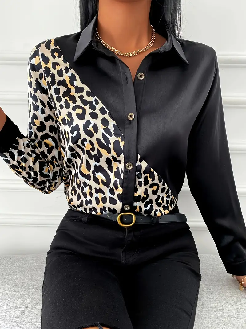 Blusa de mujer Camisas de manga larga para mujer Blusa de costura de *  colores de moda Blusa de túnica de ajuste suelto con solapa de botón  informal