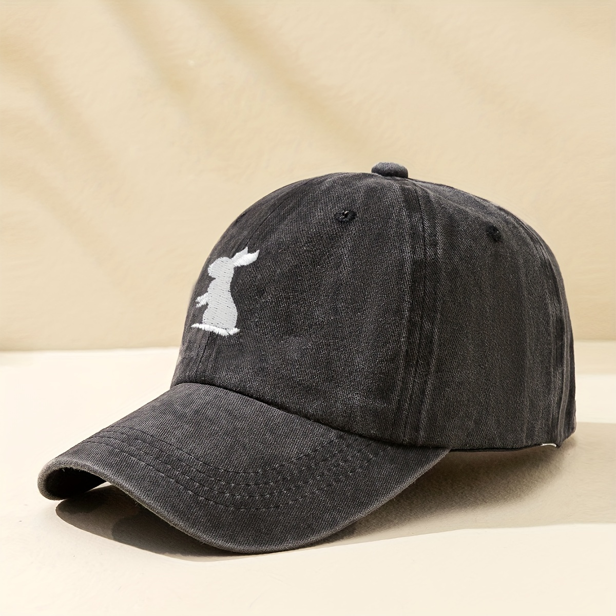Rabbit Embroidery Baseball Solid Color Washed Distressed - Temu