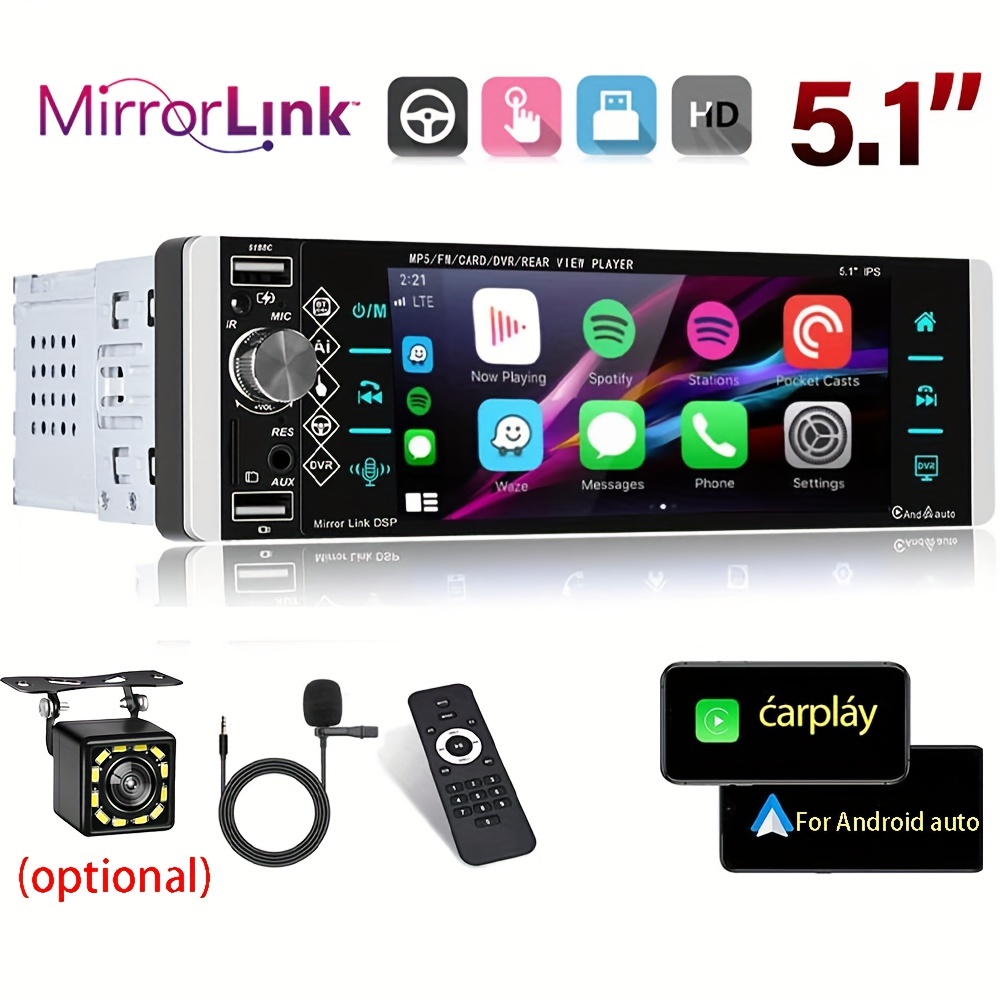 Podofo Single 1 Din 6.86'' HD Touchscreen Car Stereo Radio Wireless Carplay  Android Auto Mirror Link Car MP5 Multimedia Player Bluetooth FM Receiver
