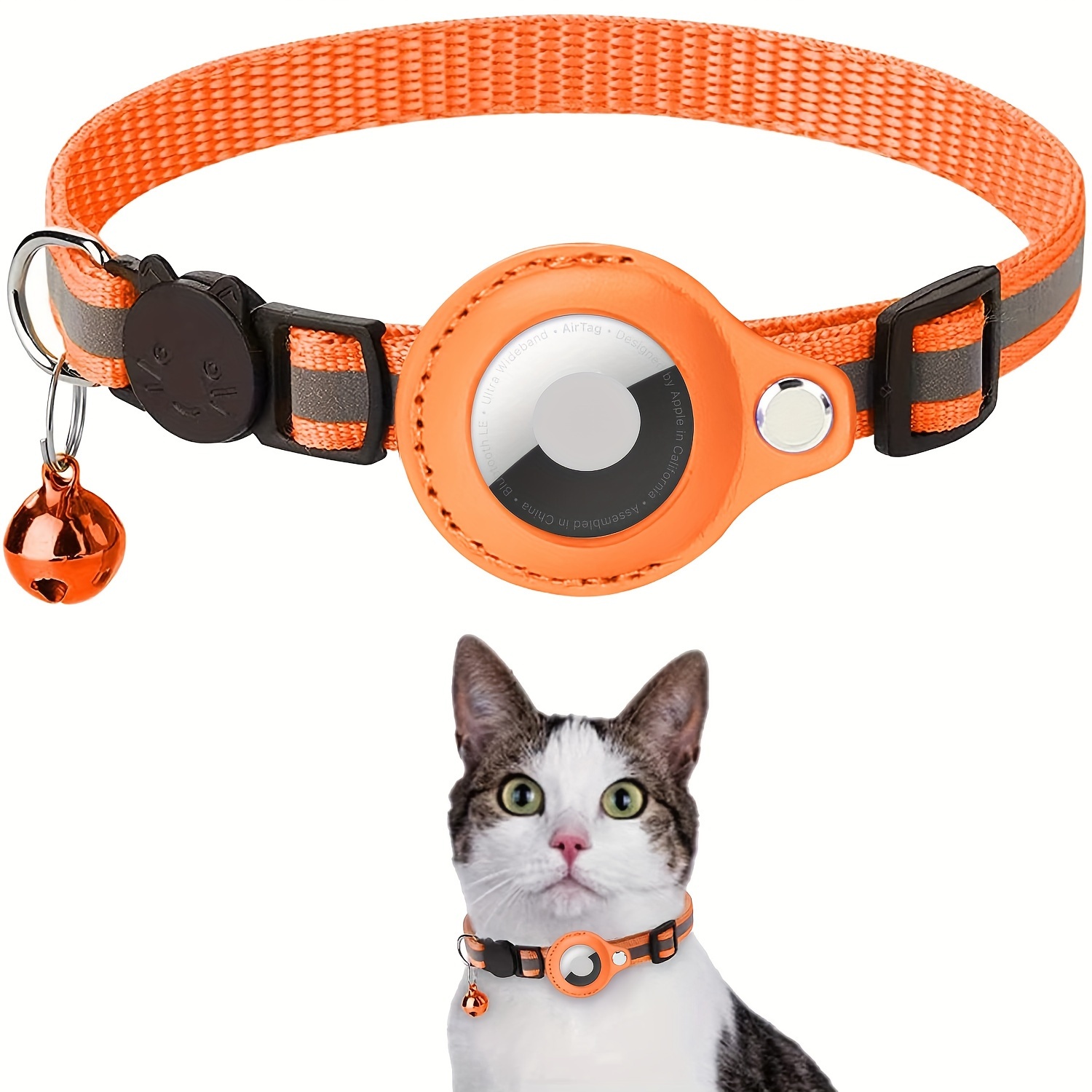 Airtag - Collar de gato con campanas, collar reflectante GPS para gato,  collar de rastreador de gatos antipérdida, collar de cuero ajustable para
