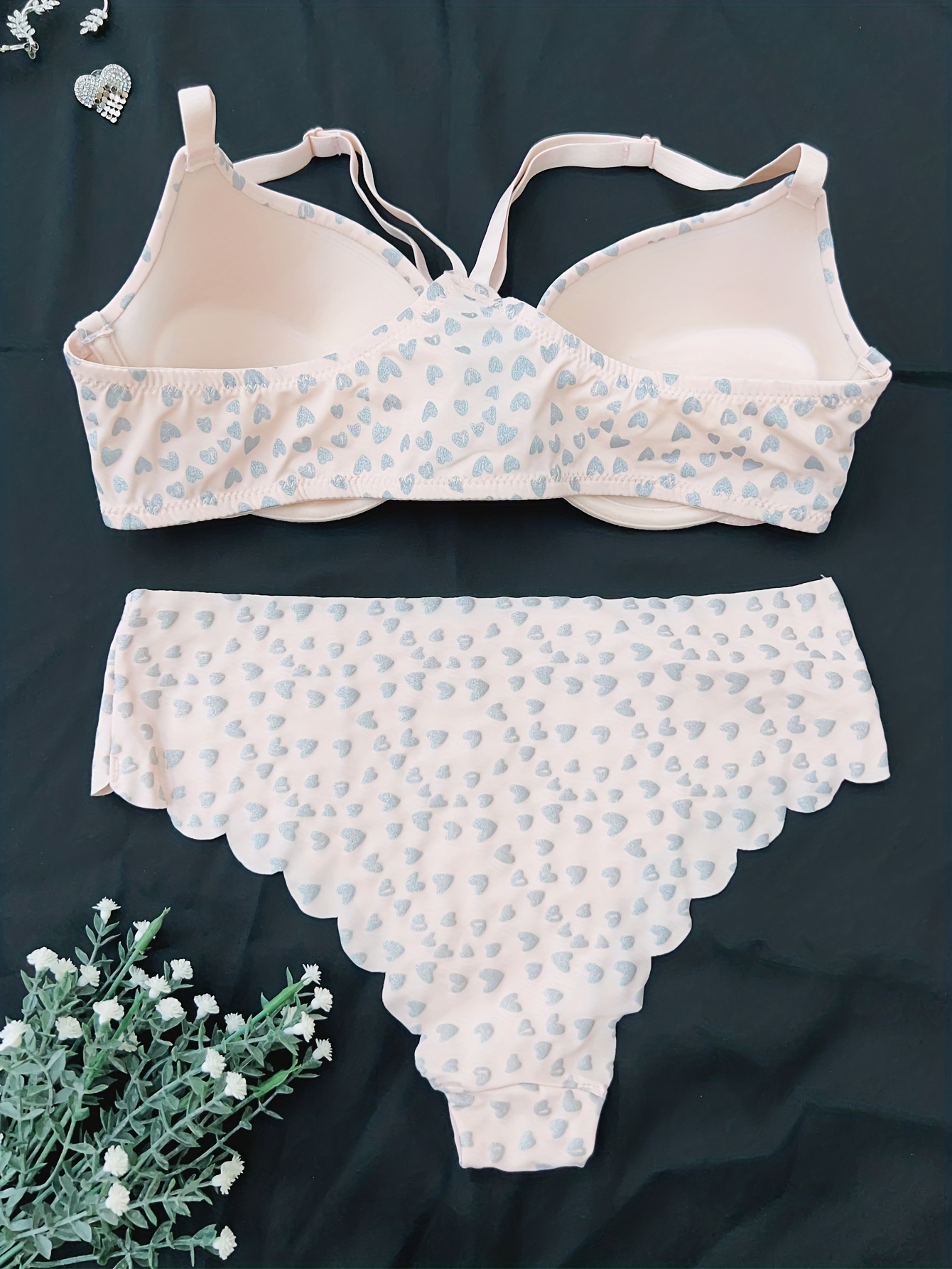 Heart Print Bra & Panties, Front Buckle Push Up Bra & Scallop Trim Panties  Lingerie Set, Women's Lingerie & Underwear