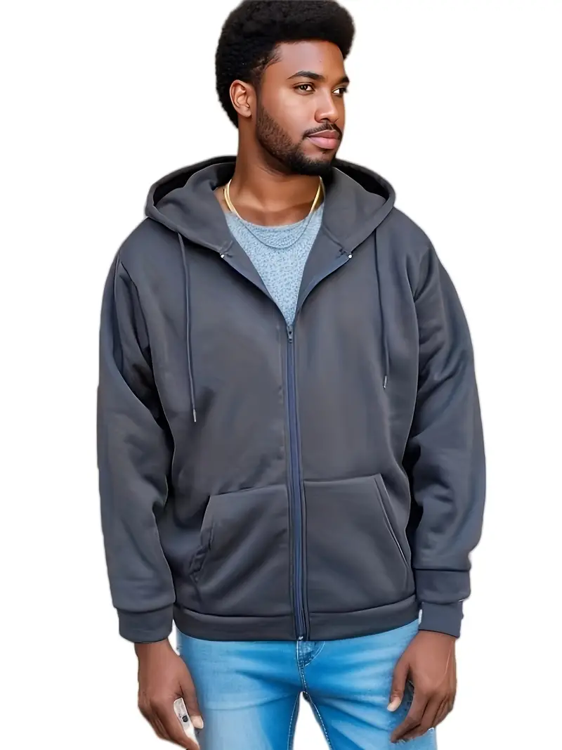 Plus Size Men's Solid Hoodies Oversized Hooded Jacket Zipper