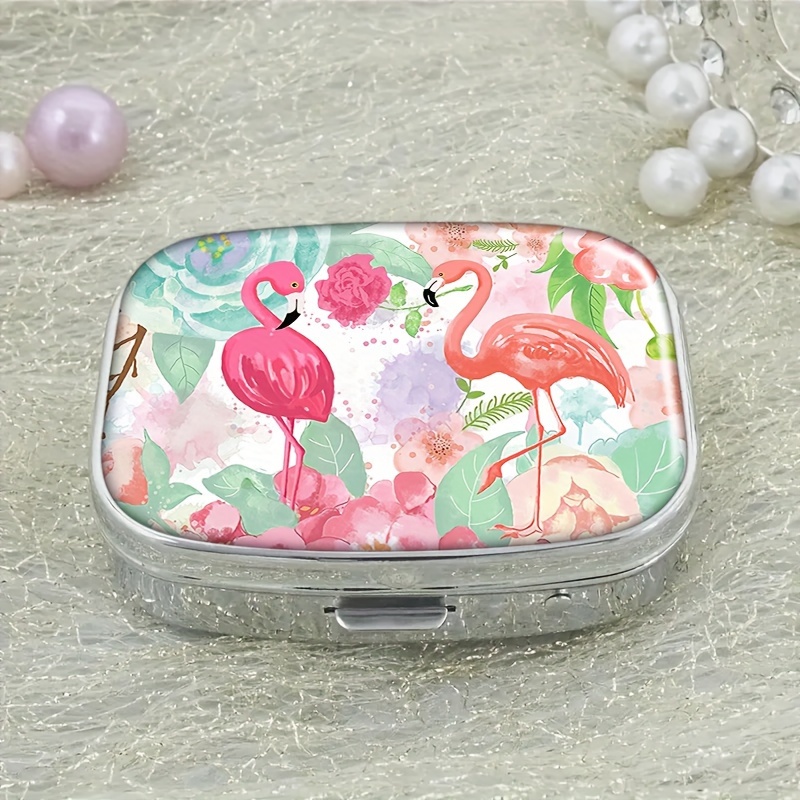 

1pc Pill Case, 2 Compartment Medicine Case, Rectangle Decorative Box, Vitamin Pill Organizer, For Pocket Purse And Travel Gifts, Colors Watercolor Flamingo And Flowers