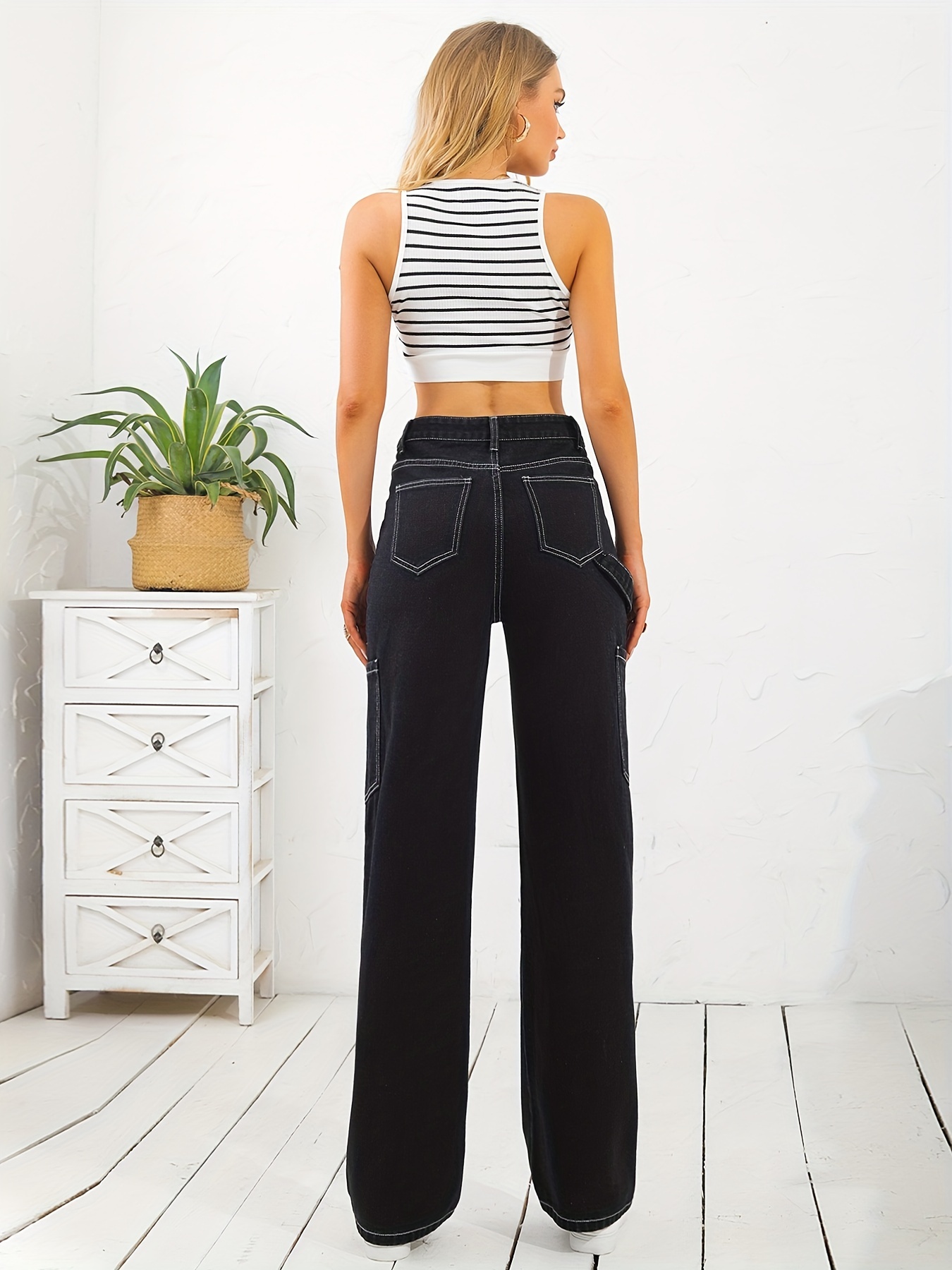 Black Contrast Stitching Seam Cargo Jeans, High * Solid Color Loose Flap  Pocket Denim Pants, Women's Denim Jeans & Clothing