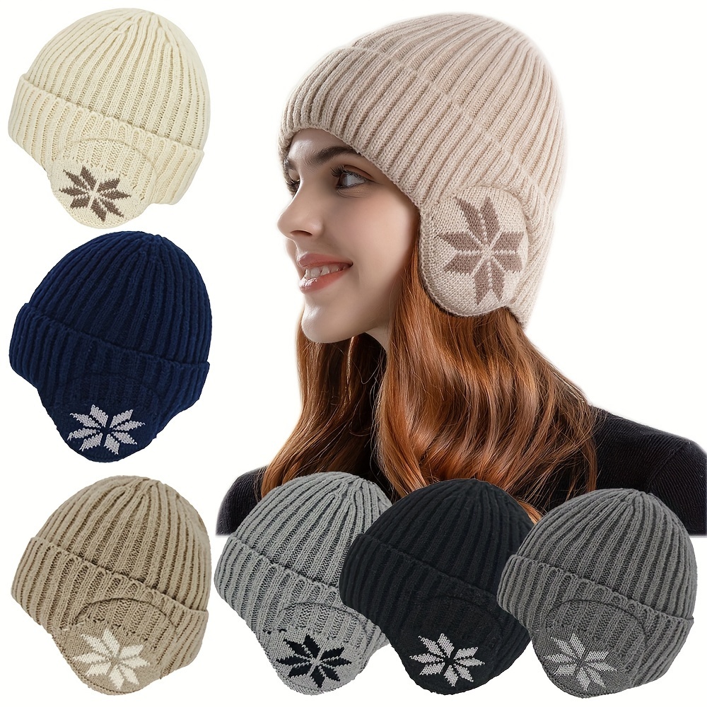 Trendy Jacquard Earflap Fleece Beanie Solid Color Coldproof - Temu Canada