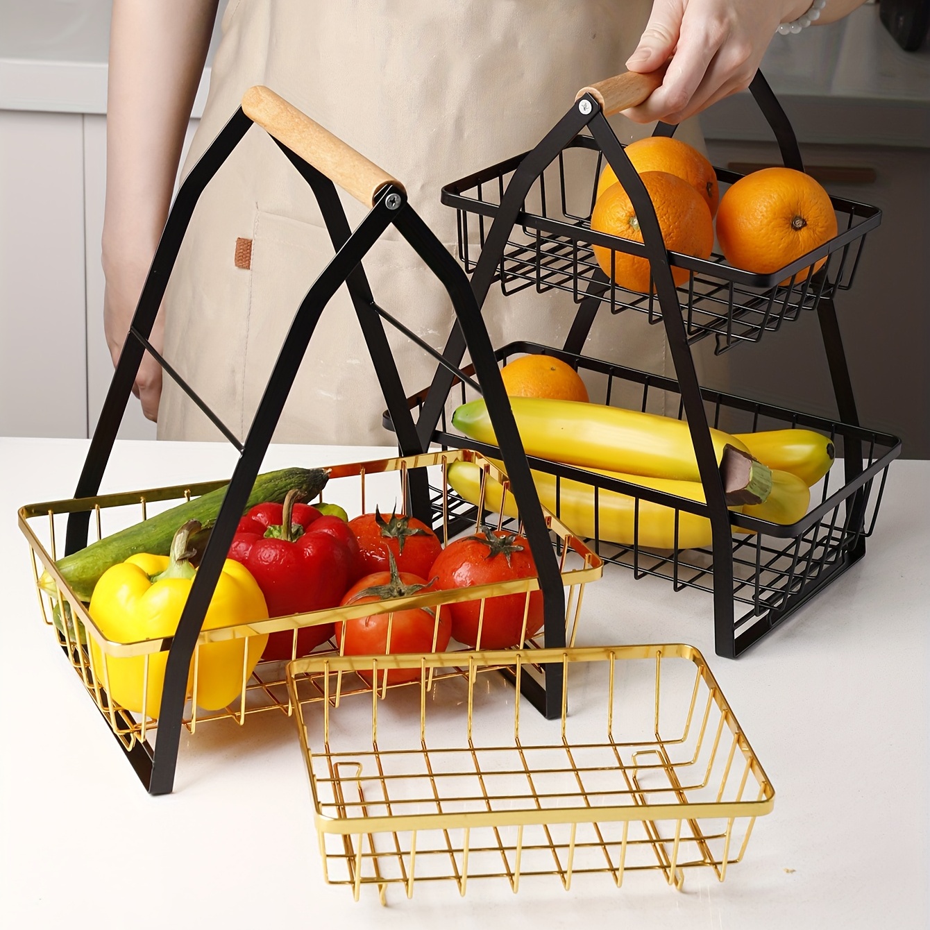 Cesta de frutas con tapa de madera para cocina, 5 niveles apilables, de  alambre para frutas y verduras, organizador con ruedas, cesta de productos