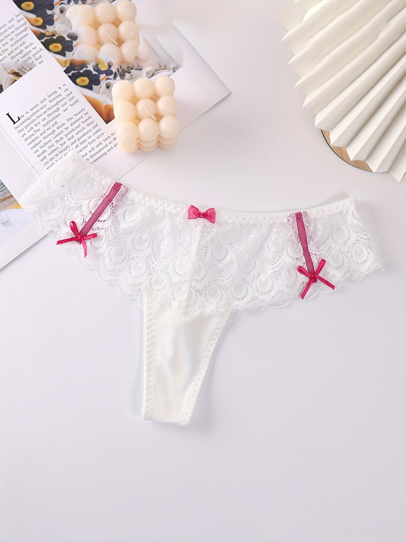 Solid Bow Knot Semi Sheer Thongs Comfy Low Waist Intimates - Temu