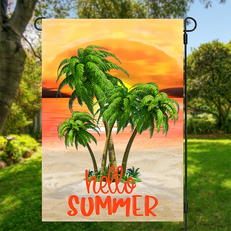 

1pc, Beautiful Beach Palm Trees Hello Welcome Garden Flag, Summer Double Sided Printed Yard Flag Gifts, Waterproof Vertical Flag, Home Decor, Yard Decor, Garden Decorations