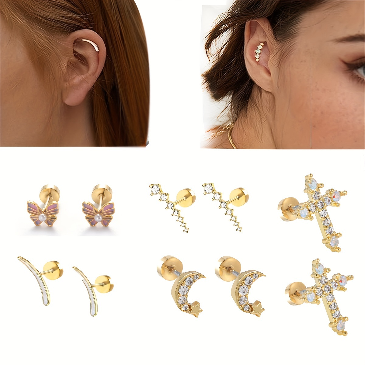 Clow Clear Zircon Ear Stud Stainless Steel Circle star heart - Temu