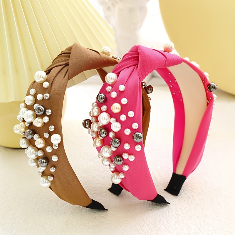 Solid Fabric Knotted Headband with Faux Pearl Hair Bow